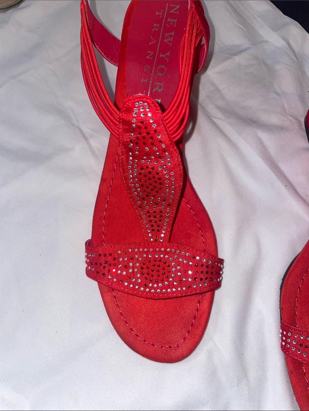 New York Transit Red Crystal-Embellished Slingback Sandals - Picture 3 of 5